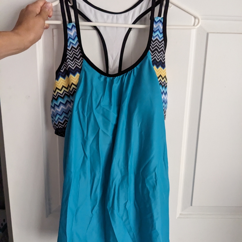 Blue and Chevron Patterned Tank Top And Black Boy Shorts Bottoms